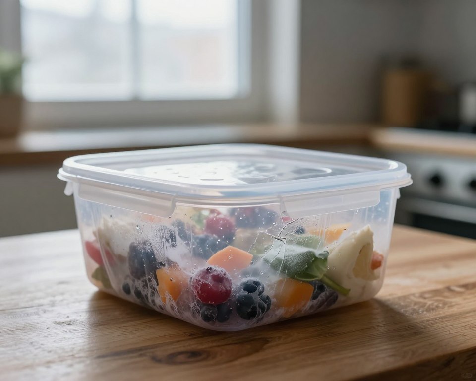 A close-up view of a frozen plastic container, slightly cracked and showing condensation, placed on a wooden table. The container is filled with colorful food contents, like berries and vegetables, hinting at the potential effects of freezing on plastic degradation. In the background, a chilly kitchen scene with frost on window panes and soft, diffused natural sunlight creating a cool, serene atmosphere. The focus is on the contrasting textures of the smooth, shiny plastic and the rough, icy surroundings. Use a shallow depth of field to highlight the container in the foreground while softly blurring the kitchen elements behind it. The mood should be contemplative, inviting viewers to ponder the implications of freezing plastic on food safety.