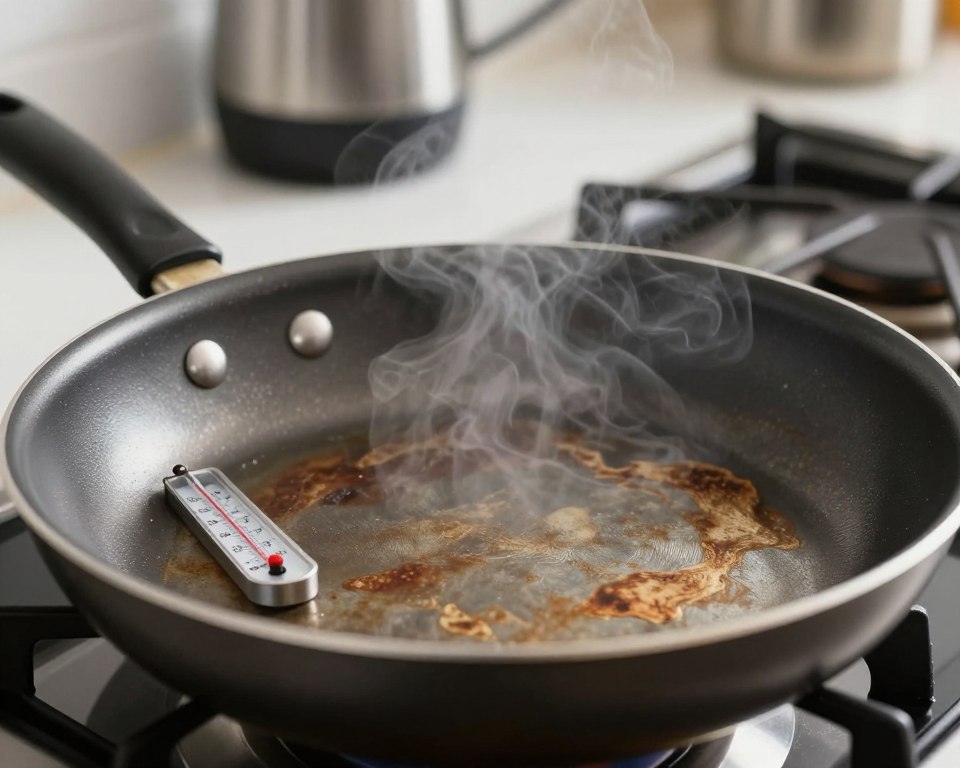 A close-up view of a frying pan with a Teflon nonstick coating, visibly showcasing wear and thermal degradation. In the foreground, a thermometer indicates a high temperature, emphasizing the temperature thresholds that contribute to risks. The nonstick surface is slightly tarnished, with brownish discoloration patches suggesting thermal damage. In the middle ground, steam rises from the pan, creating a sense of heat and urgency. In the background, a blurred kitchen setting with modern appliances enhances the domestic context. The lighting is bright and focused on the pan, casting soft shadows to give depth, while maintaining a clean and professional atmosphere. The overall mood reflects concern and caution regarding the use of Teflon cookware at high temperatures. A close-up view of a frying pan with a Teflon nonstick coating, visibly showcasing wear and thermal degradation. In the foreground, a thermometer indicates a high temperature, emphasizing the temperature thresholds that contribute to risks. The nonstick surface is slightly tarnished, with brownish discoloration patches suggesting thermal damage. In the middle ground, steam rises from the pan, creating a sense of heat and urgency. In the background, a blurred kitchen setting with modern appliances enhances the domestic context. The lighting is bright and focused on the pan, casting soft shadows to give depth, while maintaining a clean and professional atmosphere. The overall mood reflects concern and caution regarding the use of Teflon cookware at high temperatures.