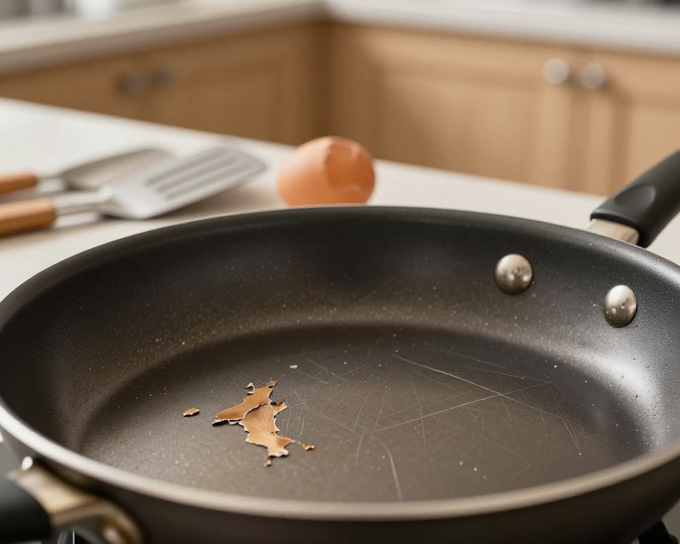 A close-up view of a frying pan with a damaged Teflon nonstick coating, prominently displaying scratches and peeling. In the foreground, focus on the pan, highlighting the damaged areas to show risks of using degraded nonstick surfaces. In the middle ground, include some cooking utensils like a spatula and a broken egg, implying potential food safety concerns. The background should be a softly lit kitchen setting with warm tones, featuring blurred cabinets and a subtle countertop environment, creating a cozy yet cautious atmosphere. The image should utilize soft lighting to enhance textures and reflections on the pan while maintaining clarity and detail in the defects, emphasizing the importance of identifying damaged coatings in an inviting yet serious manner. A close-up view of a frying pan with a damaged Teflon nonstick coating, prominently displaying scratches and peeling. In the foreground, focus on the pan, highlighting the damaged areas to show risks of using degraded nonstick surfaces. In the middle ground, include some cooking utensils like a spatula and a broken egg, implying potential food safety concerns. The background should be a softly lit kitchen setting with warm tones, featuring blurred cabinets and a subtle countertop environment, creating a cozy yet cautious atmosphere. The image should utilize soft lighting to enhance textures and reflections on the pan while maintaining clarity and detail in the defects, emphasizing the importance of identifying damaged coatings in an inviting yet serious manner.