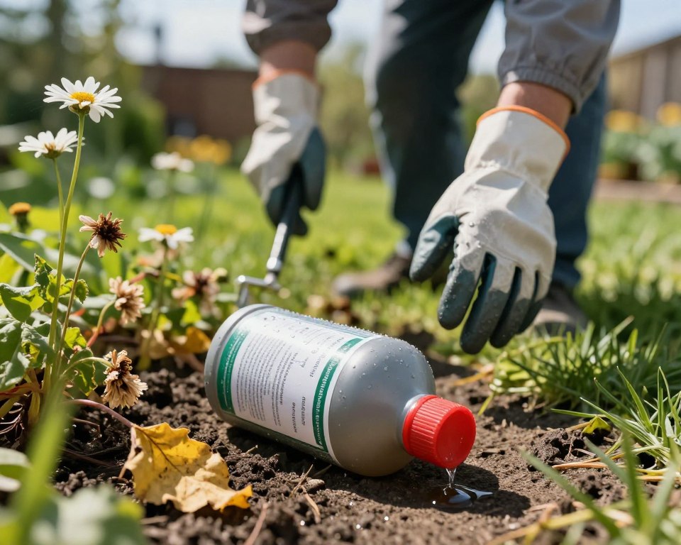 A close-up view of a garden where a bottle of herbicide lies precariously on the ground, foreground focused on the bottle with droplets of liquid glistening in the sunlight. Surrounding the bottle, wilting flowers and yellowing leaves indicate the toxic effects of weed killer on plants. In the middle ground, a pair of hands dressed in protective gloves reaches for the bottle, showcasing a professional figure in a modest work outfit, emphasizing the importance of safety. The background features a blurred garden landscape under bright sunlight, with vibrant green grass juxtaposed against the signs of damage. The scene contains a tense, cautionary mood, with sharp shadows cast across the ground, highlighting the potential dangers associated with weed killer use. A close-up view of a garden where a bottle of herbicide lies precariously on the ground, foreground focused on the bottle with droplets of liquid glistening in the sunlight. Surrounding the bottle, wilting flowers and yellowing leaves indicate the toxic effects of weed killer on plants. In the middle ground, a pair of hands dressed in protective gloves reaches for the bottle, showcasing a professional figure in a modest work outfit, emphasizing the importance of safety. The background features a blurred garden landscape under bright sunlight, with vibrant green grass juxtaposed against the signs of damage. The scene contains a tense, cautionary mood, with sharp shadows cast across the ground, highlighting the potential dangers associated with weed killer use.