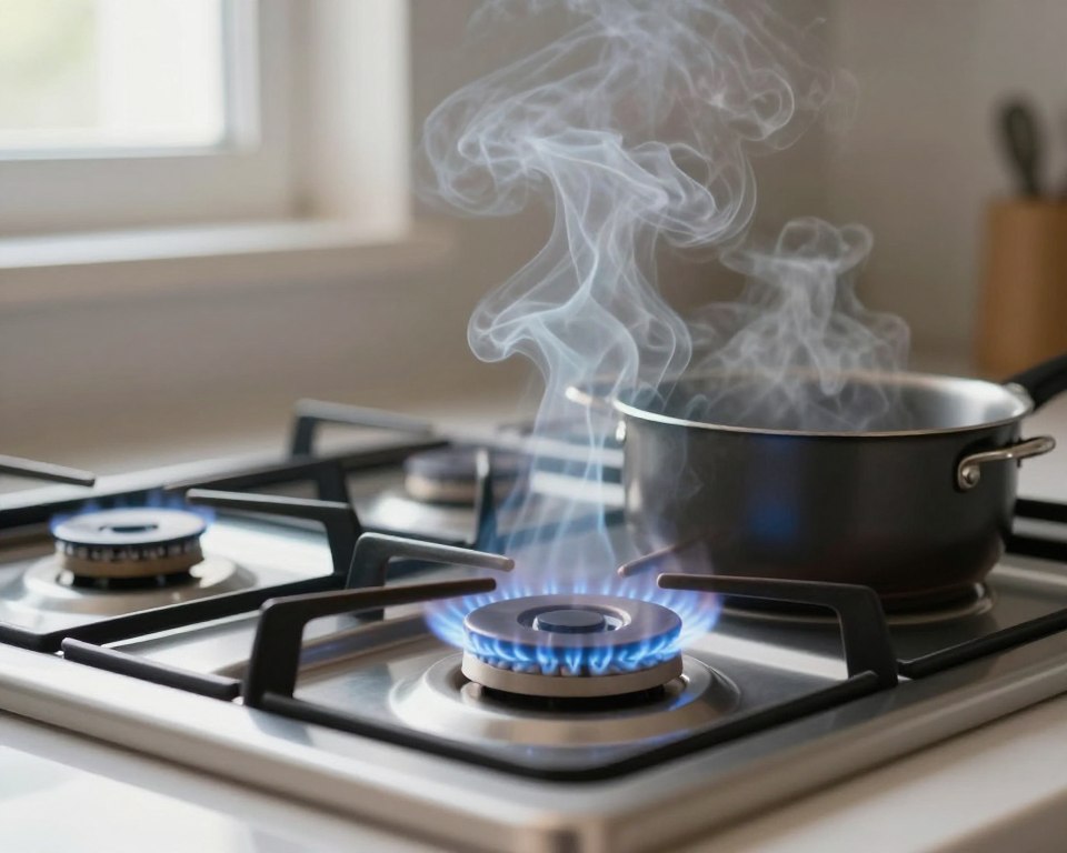 A close-up view of a gas stove in a modern kitchen, with clear visibility of the burners emitting faint blue flames. Surrounding the stove, a soft haze of colored smoke representing various primary pollutants like carbon monoxide and nitrogen dioxide rises and disperses into the air. In the foreground, a sleek saucepan sits on one of the burners, with a subtle reflection of the flames on its surface, enhancing the warmth of the scene. The lighting is bright and natural, coming from a nearby window, casting gentle shadows that create a realistic atmosphere. The overall mood conveys a sense of caution regarding air quality, highlighting the hidden dangers of gas stove emissions. No people are present, ensuring a focus on the stove and emissions.