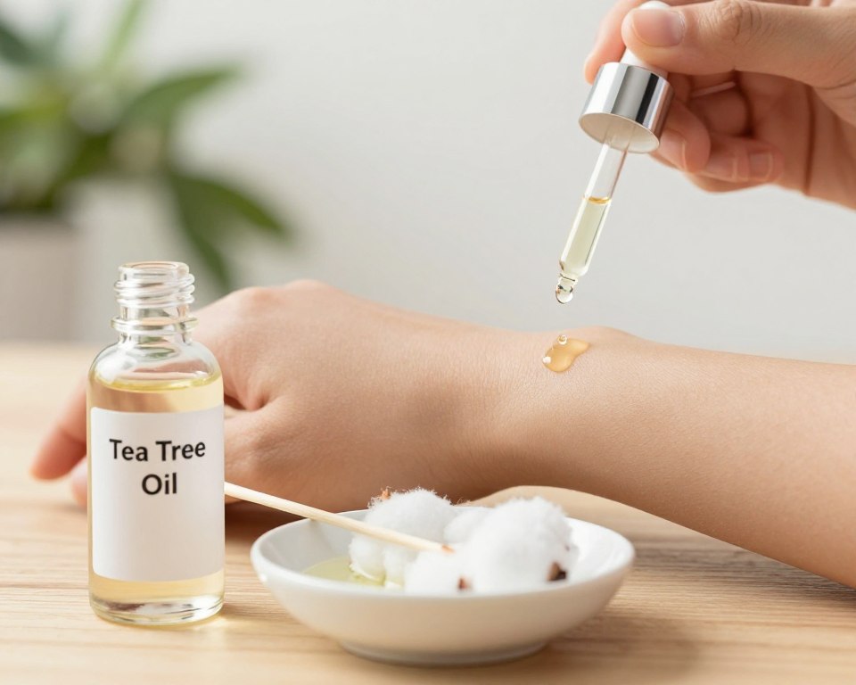 A close-up view of a gentle sensitivity test featuring tea tree oil. In the foreground, a clear glass dropper bottle labeled "Tea Tree Oil," with several drops of oil visibly suspended at the tip, positioned on a wooden surface. Beside it, a small white dish holds a cotton swab dipped in tea tree oil, ready for application. In the middle ground, a person's forearm is shown, where a small patch of skin has a drop of the oil applied, neatly surrounded by soft focus. The background features a clean, simple setting with blurred greenery, evoking a sense of calm and natural wellness. Soft, diffused natural light enhances the serene mood, illuminating the textures of the skin and oil. The overall atmosphere is professional, informative, and tranquil, suitable for an educational article.