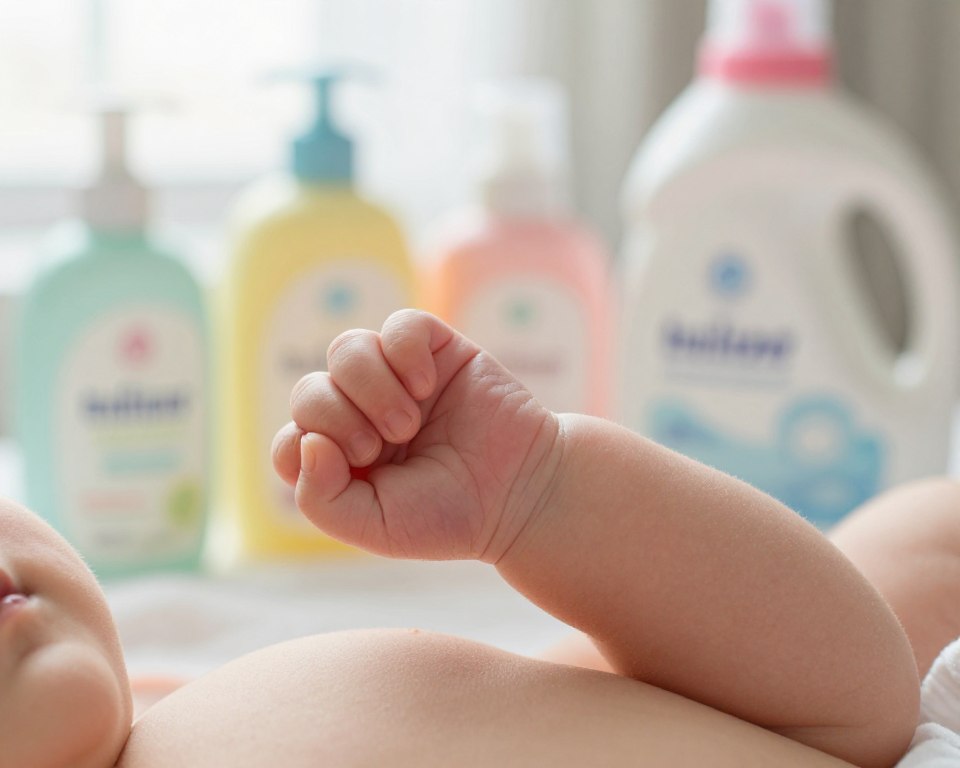 A close-up view of a gentle, soft baby arm, showcasing delicate newborn skin with a subtle flush of redness, indicating sensitivity. The foreground features the baby’s skin in sharp focus, illustrating tiny details like fine hair and soft texture. In the middle ground, there are soft, blurred baby care products, such as hypoallergenic lotions and gentle laundry detergent bottles, harmonizing in pastel colors. The background is softly lit, evoking a warm and comforting atmosphere, with natural light streaming through a window, casting a soft glow. The overall mood is serene and soothing, reflecting the concern for skin sensitivity and allergies in newborns. A close-up view of a gentle, soft baby arm, showcasing delicate newborn skin with a subtle flush of redness, indicating sensitivity. The foreground features the baby’s skin in sharp focus, illustrating tiny details like fine hair and soft texture. In the middle ground, there are soft, blurred baby care products, such as hypoallergenic lotions and gentle laundry detergent bottles, harmonizing in pastel colors. The background is softly lit, evoking a warm and comforting atmosphere, with natural light streaming through a window, casting a soft glow. The overall mood is serene and soothing, reflecting the concern for skin sensitivity and allergies in newborns.
