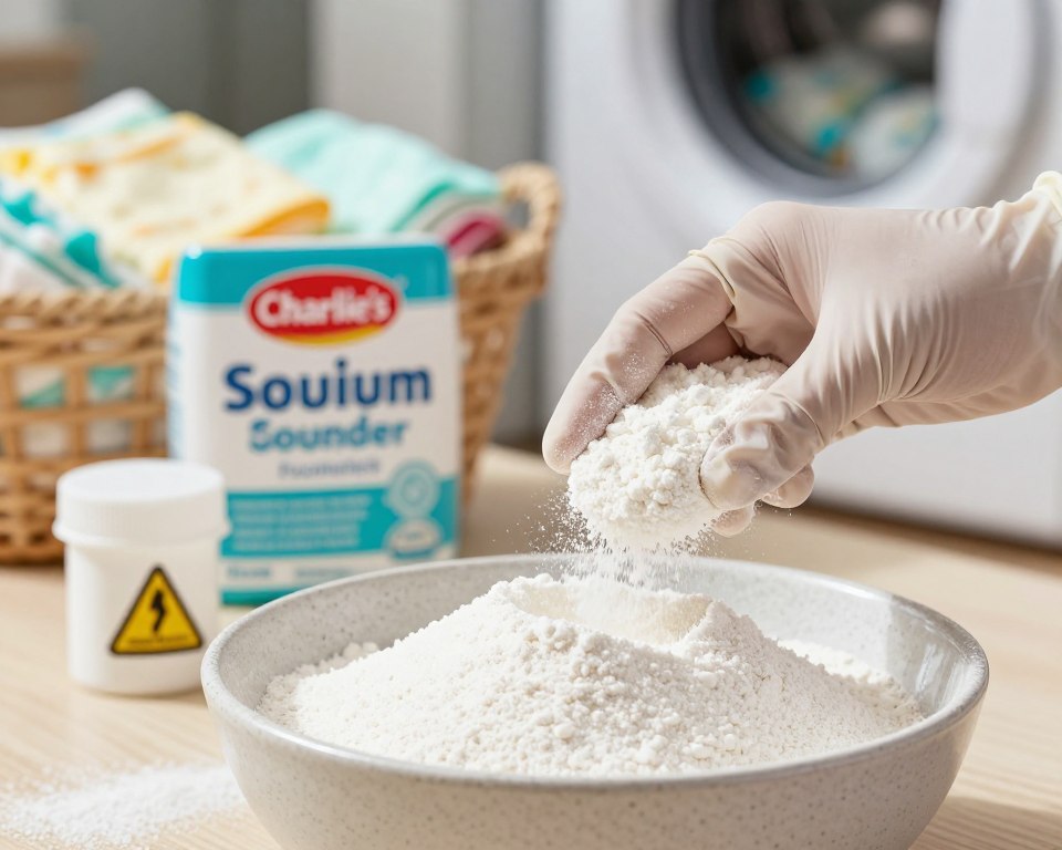 A close-up view of a grounded, fine-textured bowl of Charlie’s Soap Laundry Powder, with a prominent label indicating it contains sodium metasilicate. In the foreground, emphasize a pair of gloved hands carefully measuring the powder, demonstrating cautious handling due to chemical burn risks. In the middle ground, subtly display a safety warning icon next to a small container of the sodium metasilicate, creating a sense of awareness. In the background, a softly lit laundry room setting filled with colorful cloth diapers in a basket, evoking a warm and nurturing atmosphere. Use natural light to highlight the texture of the powder and the vibrant colors of the diapers, creating a safe and informative mood. A close-up view of a grounded, fine-textured bowl of Charlie’s Soap Laundry Powder, with a prominent label indicating it contains sodium metasilicate. In the foreground, emphasize a pair of gloved hands carefully measuring the powder, demonstrating cautious handling due to chemical burn risks. In the middle ground, subtly display a safety warning icon next to a small container of the sodium metasilicate, creating a sense of awareness. In the background, a softly lit laundry room setting filled with colorful cloth diapers in a basket, evoking a warm and nurturing atmosphere. Use natural light to highlight the texture of the powder and the vibrant colors of the diapers, creating a safe and informative mood.