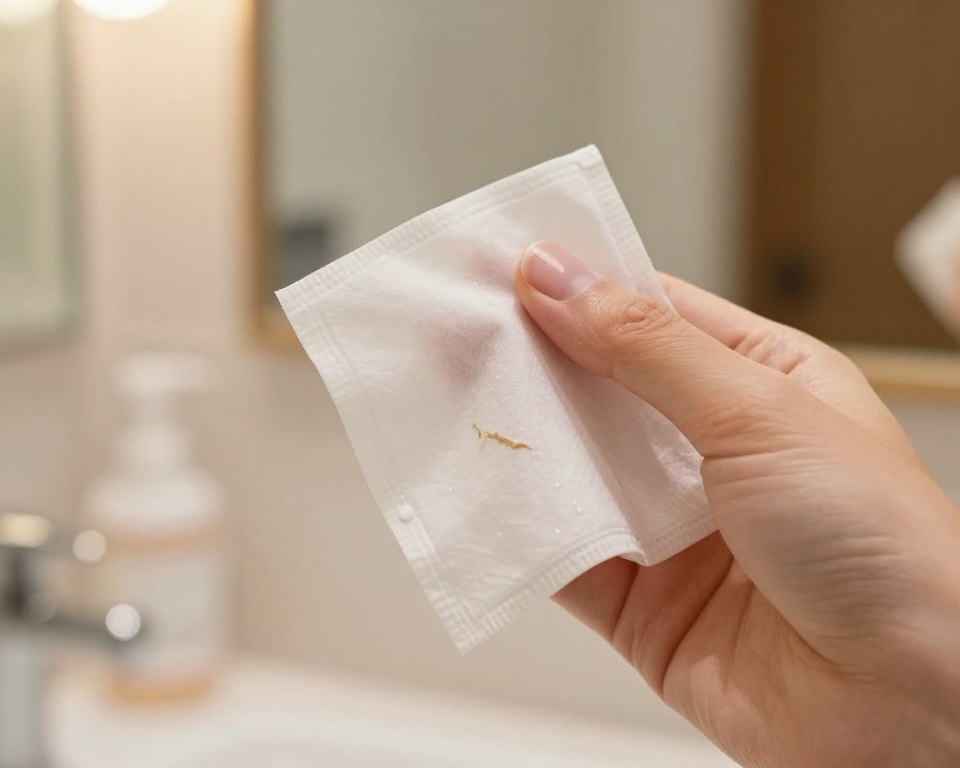 A close-up view of a hand holding a makeup remover wipe, partially folded to reveal its texture and slight moisture. The wipe should prominently display some residue, visually conveying its effectiveness while hinting at potential skin implications. In the background, a soft-focus bathroom setting features gentle, ambient lighting that creates a calm and informative atmosphere, using a warm color palette. A mirror can be seen, reflecting soft light that enhances the scene. The image captures a sense of care and concern for skin health, suggesting a thoughtful discussion about makeup residue safety. The lens should have a shallow depth of field to draw focus on the wipe, while surrounding elements subtly emphasize skincare hygiene.