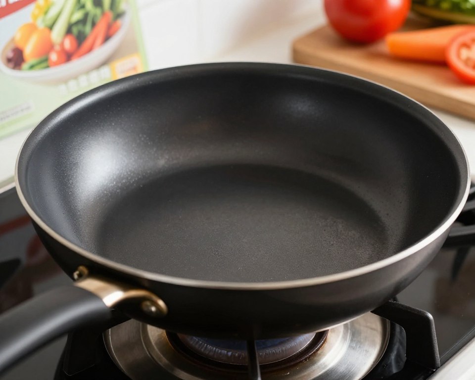 A close-up view of a high-quality nonstick frying pan on a stove, illustrating signs of overheating. The pan showcases an inviting glossy black surface with a slight warping, and the edges have a faint smoky effect to evoke the dangers of excessive heat. Surrounding the pan are subtle reflections of bright kitchen lighting, emphasizing the sleek texture. In the background, a blurred kitchen scene with colorful vegetables and a recipe book suggests a cooking environment. The warm light creates a slightly tense atmosphere, hinting at the risks associated with nonstick cookware. The lens angle captures the pan from slightly above, offering an engaging perspective that draws attention to its surface and potential hazards. A close-up view of a high-quality nonstick frying pan on a stove, illustrating signs of overheating. The pan showcases an inviting glossy black surface with a slight warping, and the edges have a faint smoky effect to evoke the dangers of excessive heat. Surrounding the pan are subtle reflections of bright kitchen lighting, emphasizing the sleek texture. In the background, a blurred kitchen scene with colorful vegetables and a recipe book suggests a cooking environment. The warm light creates a slightly tense atmosphere, hinting at the risks associated with nonstick cookware. The lens angle captures the pan from slightly above, offering an engaging perspective that draws attention to its surface and potential hazards.