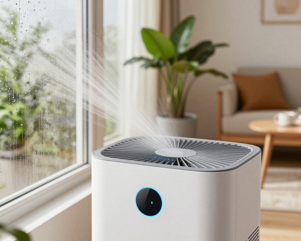 A close-up view of a high-tech dehumidifier in a modern home, with moisture control indicators glowing softly on its display. In the foreground, droplets of condensation are visible on a clear windowpane, illustrating the high humidity outside. The middle ground features indoor plants thriving in an environment where moisture is controlled, and a clean, organized living space is evident in the background with warm, diffused lighting enhancing the inviting atmosphere. Use a slight tilt angle to capture the room's depth and add a sense of realism. The overall mood should convey a sense of comfort and health, highlighting the importance of effective dehumidification strategies in preventing mold growth. A close-up view of a high-tech dehumidifier in a modern home, with moisture control indicators glowing softly on its display. In the foreground, droplets of condensation are visible on a clear windowpane, illustrating the high humidity outside. The middle ground features indoor plants thriving in an environment where moisture is controlled, and a clean, organized living space is evident in the background with warm, diffused lighting enhancing the inviting atmosphere. Use a slight tilt angle to capture the room's depth and add a sense of realism. The overall mood should convey a sense of comfort and health, highlighting the importance of effective dehumidification strategies in preventing mold growth.