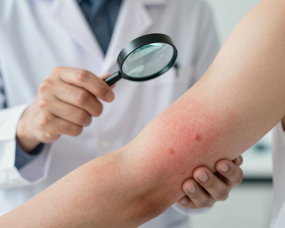 A close-up view of a human arm showcasing the symptoms of isothiazolinone allergy, with visible skin irritation and rashes. The foreground features a detailed depiction of the inflamed skin, with varying shades of redness and small bumps. In the middle ground, a medical professional in a white lab coat examines the arm, using a magnifying glass to assess the condition, emphasizing clinical evaluation. The background is softly blurred, hinting at a clinical setting with minimalistic medical equipment and soft, diffused lighting that creates a calm atmosphere. The angle is slightly elevated, focusing on the arm and the professional’s engagement with the symptoms. The overall mood should convey seriousness and awareness of contact dermatitis, without any distracting elements or text.