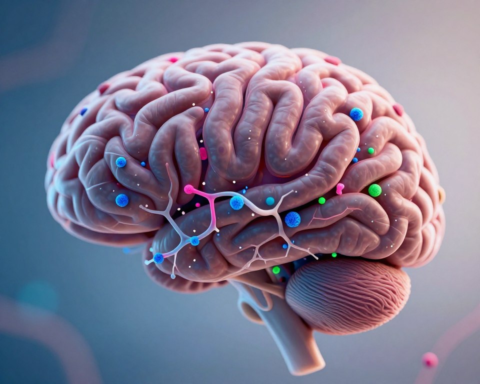 A close-up view of a human brain with intricate neural pathways highlighted, infused with colorful nanoplastic particles. The nanoplastics, depicted as tiny, vibrant specks of blue, pink, and green, appear to infiltrate the neuronal cells, showcasing their ability to cross the blood-brain barrier. The lighting is soft yet focused, creating a contrast that accentuates the textures of the brain and the shiny, synthetic look of the nanoplastics. The background features a subtle gradient that fades from deep blue to soft white, evoking a sense of depth and mystery. The atmosphere is scientific and thought-provoking, emphasizing the complex interplay between biological tissues and synthetic materials with a macro lens perspective that captures fine details. A close-up view of a human brain with intricate neural pathways highlighted, infused with colorful nanoplastic particles. The nanoplastics, depicted as tiny, vibrant specks of blue, pink, and green, appear to infiltrate the neuronal cells, showcasing their ability to cross the blood-brain barrier. The lighting is soft yet focused, creating a contrast that accentuates the textures of the brain and the shiny, synthetic look of the nanoplastics. The background features a subtle gradient that fades from deep blue to soft white, evoking a sense of depth and mystery. The atmosphere is scientific and thought-provoking, emphasizing the complex interplay between biological tissues and synthetic materials with a macro lens perspective that captures fine details.