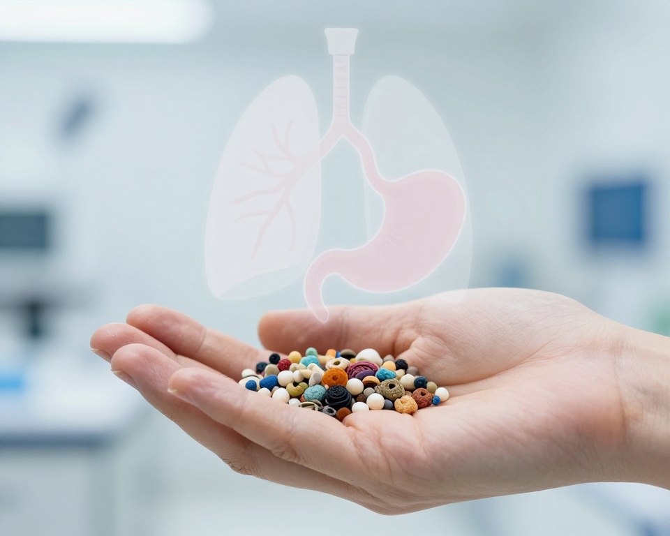 A close-up view of a human hand holding a handful of tiny microplastics, showcasing their varied colors and shapes, against a sterile, clinical background that suggests a laboratory environment. In the middle ground, subtle illustrations of human organs, such as the lungs and stomach, are lightly overlaid to indicate potential health impacts, blending softly into the background. The backdrop features soft, diffuse lighting, emphasizing a sense of seriousness and urgency. The overall mood conveys concern and awareness about environmental health issues, inviting viewers to reflect on the dangers of microplastics. The image should be clear and professional, with no text or captions.