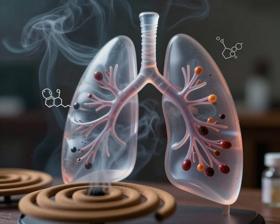 A close-up view of a human lung model, partially transparent, revealing the internal structure affected by the toxicity of mosquito coils. The lungs are surrounded by a swirl of dark smoke and particles rising from burning mosquito coils, which are depicted in the foreground. In the middle ground, small illustrations of chemical representations, such as toxic compounds, float around the lungs, visually illustrating the effects. The background is a blurred environment suggesting a dimly lit indoor space, creating a contrasting ominous atmosphere. The lighting is soft but highlights the contours of the lung model and the smoke, creating a serious, informative mood. The angle is slightly tilted to emphasize the impact of air pollution on respiratory health. The image conveys a sense of caution and concern about the effects of insect repellents on human health.