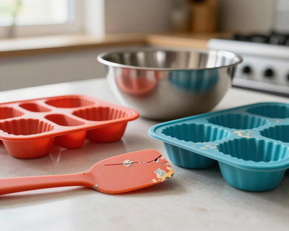 A close-up view of a kitchen countertop, featuring a variety of low-quality silicone bakeware items in vibrant colors, showing signs of wear and tear, such as peeling and discoloration. In the foreground, focus on a cracked silicone spatula and warped muffin molds, emphasizing the potential hazards of using inferior materials. In the middle ground, display a shiny stainless-steel bowl to contrast the silicone items, highlighting concerns about chemical leaching. The background features a softly lit kitchen environment with warm natural light filtering through a window, creating a safe yet concerning atmosphere. The overall mood should evoke caution and awareness of the potential risks associated with low-quality silicone.