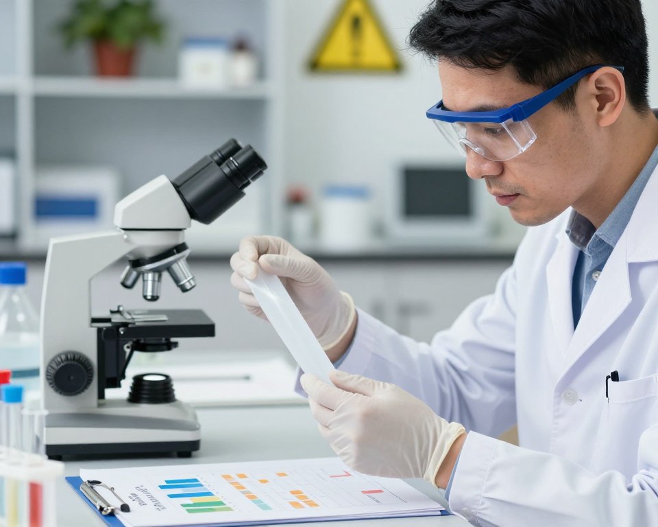 A close-up view of a kitchen environment featuring a scientist in professional attire, examining a sample of PVC material with a microscope. In the foreground, the scientist appears focused, with safety goggles on and gloves, emphasizing caution around potential toxicity. On the table next to them, various research materials like charts and test tubes are neatly arranged, highlighting the theme of health risks. The background is softly blurred, showcasing shelves filled with laboratory equipment and plants, balancing a sense of inquiry and nature. The lighting is bright and sterile, mimicking a lab, creating an atmosphere of seriousness and professionalism, while subtly hinting at the dangers of PVC through the use of caution signs in the background.
