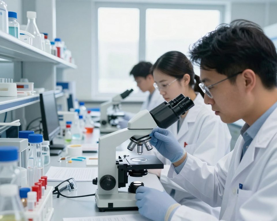 A close-up view of a laboratory scene focused on scientific analysis of polycarbonate health risks. In the foreground, a diverse group of scientists in professional lab coats examines polycarbonate samples under a microscope, with one holding a test tube filled with a clear liquid. The middle ground features a well-organized lab bench with various scientific equipment, such as beakers, safety glasses, and research papers discussing toxicity levels. In the background, large windows let in bright, natural daylight, illuminating the polished surfaces and emphasizing a clean, sterile environment. The overall atmosphere conveys seriousness and diligence, with a sense of urgency in their research. The composition is shot from a slightly elevated angle, providing a comprehensive view of the lab setting. A close-up view of a laboratory scene focused on scientific analysis of polycarbonate health risks. In the foreground, a diverse group of scientists in professional lab coats examines polycarbonate samples under a microscope, with one holding a test tube filled with a clear liquid. The middle ground features a well-organized lab bench with various scientific equipment, such as beakers, safety glasses, and research papers discussing toxicity levels. In the background, large windows let in bright, natural daylight, illuminating the polished surfaces and emphasizing a clean, sterile environment. The overall atmosphere conveys seriousness and diligence, with a sense of urgency in their research. The composition is shot from a slightly elevated angle, providing a comprehensive view of the lab setting.