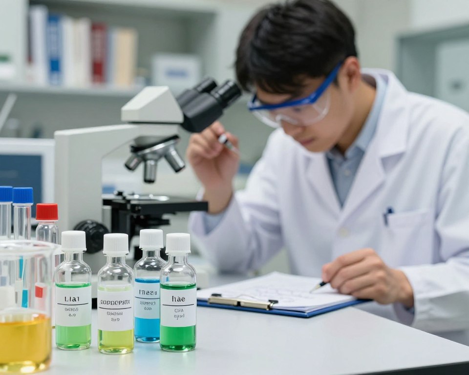 A close-up view of a laboratory scene focused on the chemical composition of flea sprays. In the foreground, an array of labeled glass vials and beakers filled with colorful liquid chemicals, including bright greens, blues, and oranges. A microscope is positioned next to the samples, inviting curiosity. The middle layer features a chemist in a white lab coat and safety goggles, diligently inspecting a sample under the microscope, with a notepad filled with chemical formulas in hand. The background showcases shelves lined with scientific books and equipment under soft, warm lighting, creating an atmosphere of focused discovery and research. The image captures the essence of scientific inquiry while emphasizing the importance of understanding chemical safety.