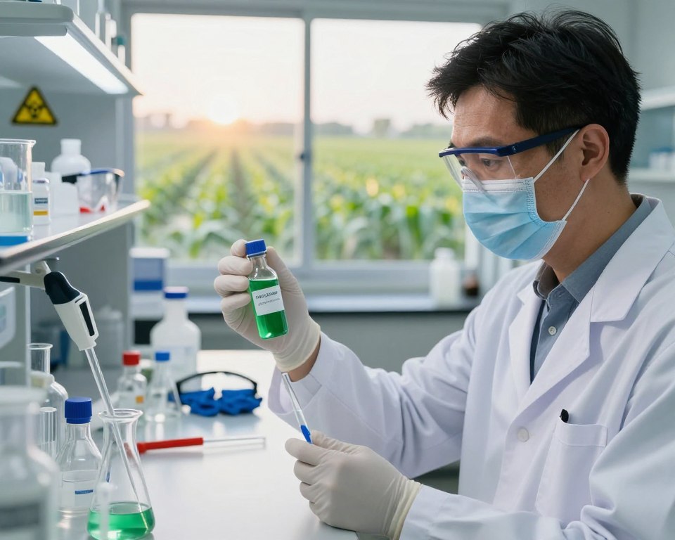 A close-up view of a laboratory scene illustrating herbicide exposure risks. In the foreground, a professionally dressed scientist in a lab coat carefully examines a sample vial containing a bright, green liquid labeled as an herbicide. Surrounding the scientist are various lab equipment like beakers and pipettes, softly illuminated by overhead lighting that creates a sterile atmosphere. The middle ground shows a biological hazard symbol and safety equipment like goggles and gloves, emphasizing safety protocols. In the background, a large window reveals an agricultural field where crops are being treated, bathed in golden sunlight, suggesting the potential dangers of exposure. The mood is serious and focused, highlighting awareness and caution in herbicide handling.