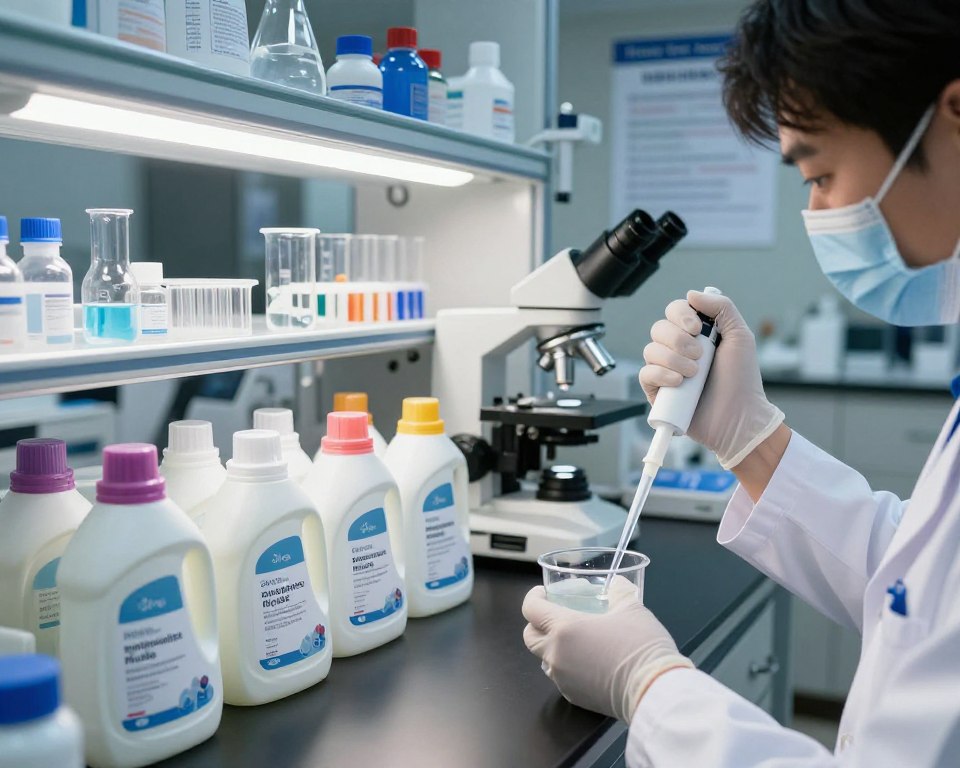 A close-up view of a laboratory scene showcasing a variety of laundry detergents in clear glass containers, each labeled with scientific names related to synthetic musks. In the foreground, a professional scientist in a white lab coat analyzes samples with a pipette, emphasizing an air of research and precision. The middle layer features high-tech equipment like beakers and microscopes, illuminated by bright, sterile laboratory lighting that casts sharp shadows. The background includes shelves with research papers and posters about hormone disruption, creating a feeling of depth and inquiry. The overall atmosphere is focused and serious, conveying the importance of clinical evidence and toxicological studies related to synthetic musks in laundry detergents. The angle is slightly elevated, providing a comprehensive view of the interplay between the products and scientific analysis.