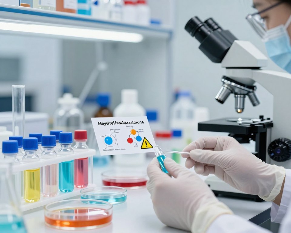 A close-up view of a laboratory scene, showcasing vials and petri dishes filled with colorful liquids that represent surfactants and preservatives, particularly focusing on methylisothiazolinone. In the foreground, a pair of gloved hands carefully examines a sample under a microscope, emphasizing meticulous scientific analysis. The middle layer features labeled diagrams highlighting the potential health risks of these chemicals, such as skin irritation and allergic reactions, with visual indicators like warning signs. The background includes shelves filled with various chemical compounds and scientific equipment, illuminated by bright, white laboratory lighting to create a clinical atmosphere. The overall mood conveys urgency and importance, emphasizing the need for safety in cleaning products. A close-up view of a laboratory scene, showcasing vials and petri dishes filled with colorful liquids that represent surfactants and preservatives, particularly focusing on methylisothiazolinone. In the foreground, a pair of gloved hands carefully examines a sample under a microscope, emphasizing meticulous scientific analysis. The middle layer features labeled diagrams highlighting the potential health risks of these chemicals, such as skin irritation and allergic reactions, with visual indicators like warning signs. The background includes shelves filled with various chemical compounds and scientific equipment, illuminated by bright, white laboratory lighting to create a clinical atmosphere. The overall mood conveys urgency and importance, emphasizing the need for safety in cleaning products.