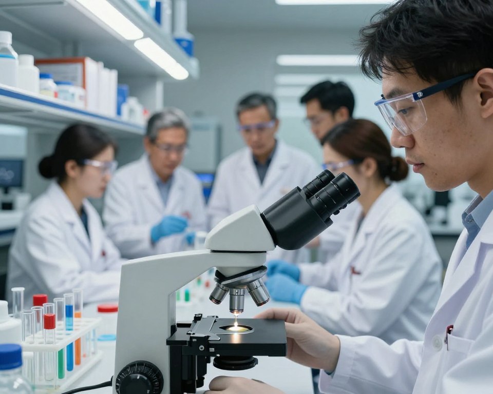 A close-up view of a laboratory setting focused on glyphosate testing, featuring a diverse group of scientists in professional attire, examining samples under bright fluorescent lighting. In the foreground, a microscope is prominently displayed, with a droplet of liquid poised on its stage, reflecting subtle colors of the sample. The middle layer features scientists in the process of debate and analysis, positioned around a cluttered workbench full of test tubes and safety gear. In the background, shelves lined with scientific literature and monitors displaying glyphosate chemical structures add depth. The atmosphere conveys a sense of urgency and seriousness, with soft shadows to highlight the focus on human health and safety concerns associated with glyphosate exposure. A close-up view of a laboratory setting focused on glyphosate testing, featuring a diverse group of scientists in professional attire, examining samples under bright fluorescent lighting. In the foreground, a microscope is prominently displayed, with a droplet of liquid poised on its stage, reflecting subtle colors of the sample. The middle layer features scientists in the process of debate and analysis, positioned around a cluttered workbench full of test tubes and safety gear. In the background, shelves lined with scientific literature and monitors displaying glyphosate chemical structures add depth. The atmosphere conveys a sense of urgency and seriousness, with soft shadows to highlight the focus on human health and safety concerns associated with glyphosate exposure.
