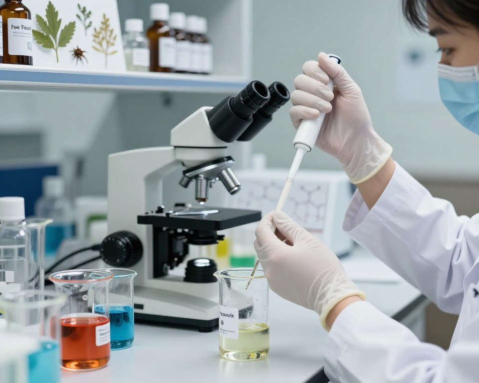 A close-up view of a laboratory setting focused on the chemistry of tick repellents. In the foreground, a well-organized workstation features various glass beakers filled with colorful liquids, signaling different repellent formulas. A gloved hand, attired in a professional lab coat, carefully measures a precise amount of an ingredient with a pipette. In the middle ground, a microscope and chemical structure diagrams are visible, highlighting scientific analysis. The background shows shelves lined with herbarium samples and labeled bottles of botanical extracts, creating an atmosphere of in-depth research. Soft, ambient lighting emphasizes clarity and safety in the lab, while a shallow depth of field draws attention to the meticulous process of developing tick repellents. The overall mood is professional, focused, and educational. A close-up view of a laboratory setting focused on the chemistry of tick repellents. In the foreground, a well-organized workstation features various glass beakers filled with colorful liquids, signaling different repellent formulas. A gloved hand, attired in a professional lab coat, carefully measures a precise amount of an ingredient with a pipette. In the middle ground, a microscope and chemical structure diagrams are visible, highlighting scientific analysis. The background shows shelves lined with herbarium samples and labeled bottles of botanical extracts, creating an atmosphere of in-depth research. Soft, ambient lighting emphasizes clarity and safety in the lab, while a shallow depth of field draws attention to the meticulous process of developing tick repellents. The overall mood is professional, focused, and educational.