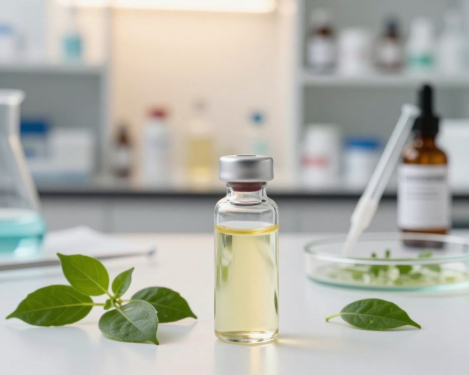 A close-up view of a laboratory setting focused on the treatment of acne using salicylic acid. In the foreground, a clear glass vial contains a pale yellow liquid representing salicylic acid, surrounded by fresh green leaves symbolizing its plant-derived origins. In the middle ground, diverse dermatological tools, such as pipettes and petri dishes, indicate a scientific approach to skincare. The background features softly blurred shelves filled with skincare products, with warm, diffuse lighting creating an inviting atmosphere. The overall mood is clinical yet hopeful, conveying a sense of effectiveness and care in acne treatment. The image captures the essence of how salicylic acid works on the skin, emphasizing clarity and professionalism without distractions. A close-up view of a laboratory setting focused on the treatment of acne using salicylic acid. In the foreground, a clear glass vial contains a pale yellow liquid representing salicylic acid, surrounded by fresh green leaves symbolizing its plant-derived origins. In the middle ground, diverse dermatological tools, such as pipettes and petri dishes, indicate a scientific approach to skincare. The background features softly blurred shelves filled with skincare products, with warm, diffuse lighting creating an inviting atmosphere. The overall mood is clinical yet hopeful, conveying a sense of effectiveness and care in acne treatment. The image captures the essence of how salicylic acid works on the skin, emphasizing clarity and professionalism without distractions.