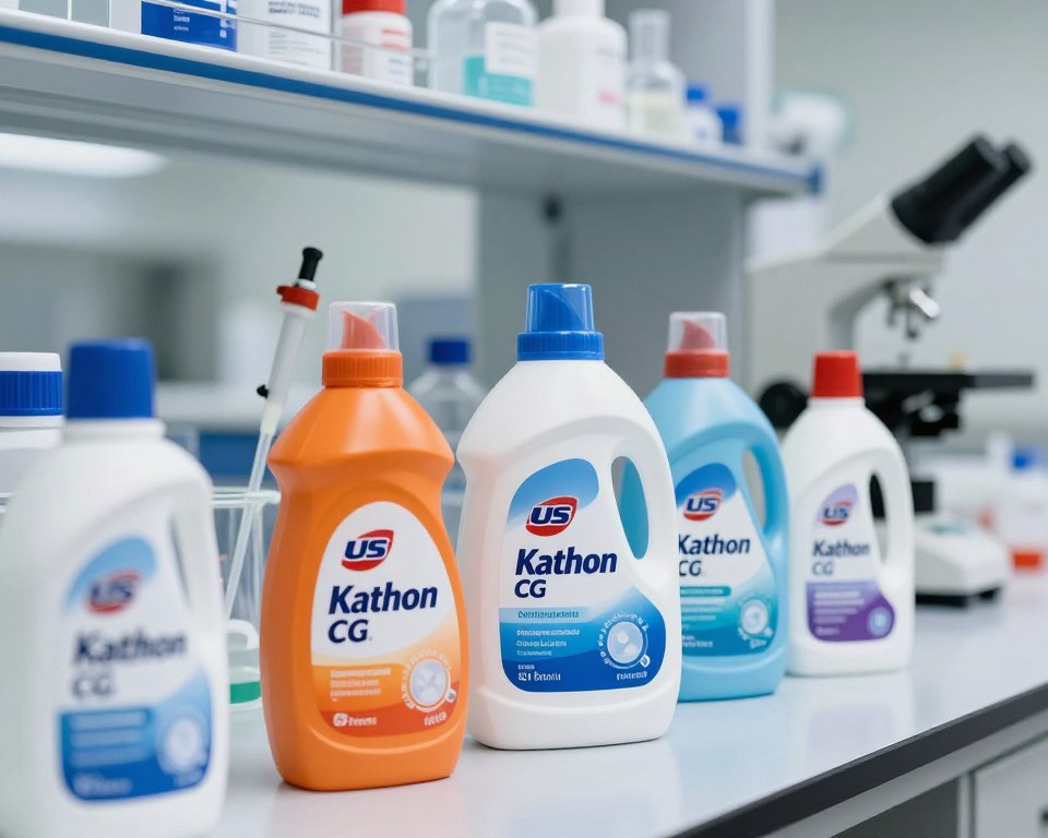 A close-up view of a laboratory setting highlighting isothiazolinone preservatives, specifically Kathon CG, in various US detergent containers. In the foreground, focus on detailed, well-labeled product bottles, with vibrant colors to indicate different detergent types. The middle ground features a clean, organized lab bench with analytical tools like pipettes and beakers, alluding to scientific research. In the background, shelves filled with laboratory equipment and research papers emphasize the technical atmosphere. The lighting should be bright, yet soft, creating a sterile feel, mimicking the precision of a scientific environment. A shallow depth of field draws attention to the products while maintaining a professional vibe, evoking a sense of inquiry about hidden chemicals in everyday products.