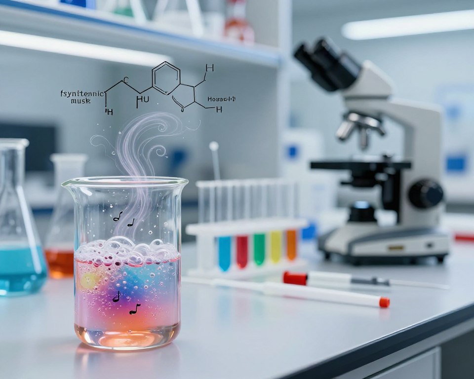 A close-up view of a laboratory setting highlighting the chemistry of synthetic musks in laundry detergents. In the foreground, a glass beaker filled with a colorful, bubbling liquid symbolizes fragrance compounds, with delicate aromatic notes visually illustrated as ephemeral, swirling patterns. In the middle ground, an array of chemical formulas and structures related to synthetic musks is displayed on a sleek lab bench, alongside pipettes and test tubes filled with various vibrant liquids. The background features a modern laboratory with soft, diffused lighting, illuminating the intricate details of the scientific workspace. A microscope stands ready for exploration, adding depth and intrigue. The atmosphere is one of focused research, blending professionalism and innovation in the field of chemistry.