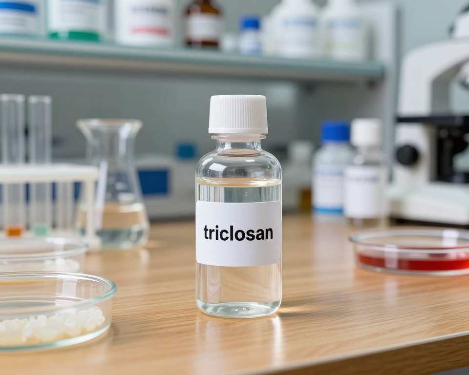 A close-up view of a laboratory setting, showcasing a clear vial containing a viscous, colorless liquid labeled "triclosan". The vial is placed on a polished wooden workbench surrounded by scientific equipment like beakers and petri dishes filled with various substances. In the background, softly blurred shelves filled with neatly arranged safety protocols and chemical materials create an organized chaos typical of a research environment. Bright, even lighting highlights the gleam of the vial, casting soft reflections on the wooden surface. The scene exudes a clinical and professional atmosphere, emphasizing the importance of regulatory standards in laboratory research. Overall, the image should evoke a sense of scientific inquiry and the complexity of ingredients used in antibacterial products. A close-up view of a laboratory setting, showcasing a clear vial containing a viscous, colorless liquid labeled "triclosan". The vial is placed on a polished wooden workbench surrounded by scientific equipment like beakers and petri dishes filled with various substances. In the background, softly blurred shelves filled with neatly arranged safety protocols and chemical materials create an organized chaos typical of a research environment. Bright, even lighting highlights the gleam of the vial, casting soft reflections on the wooden surface. The scene exudes a clinical and professional atmosphere, emphasizing the importance of regulatory standards in laboratory research. Overall, the image should evoke a sense of scientific inquiry and the complexity of ingredients used in antibacterial products.