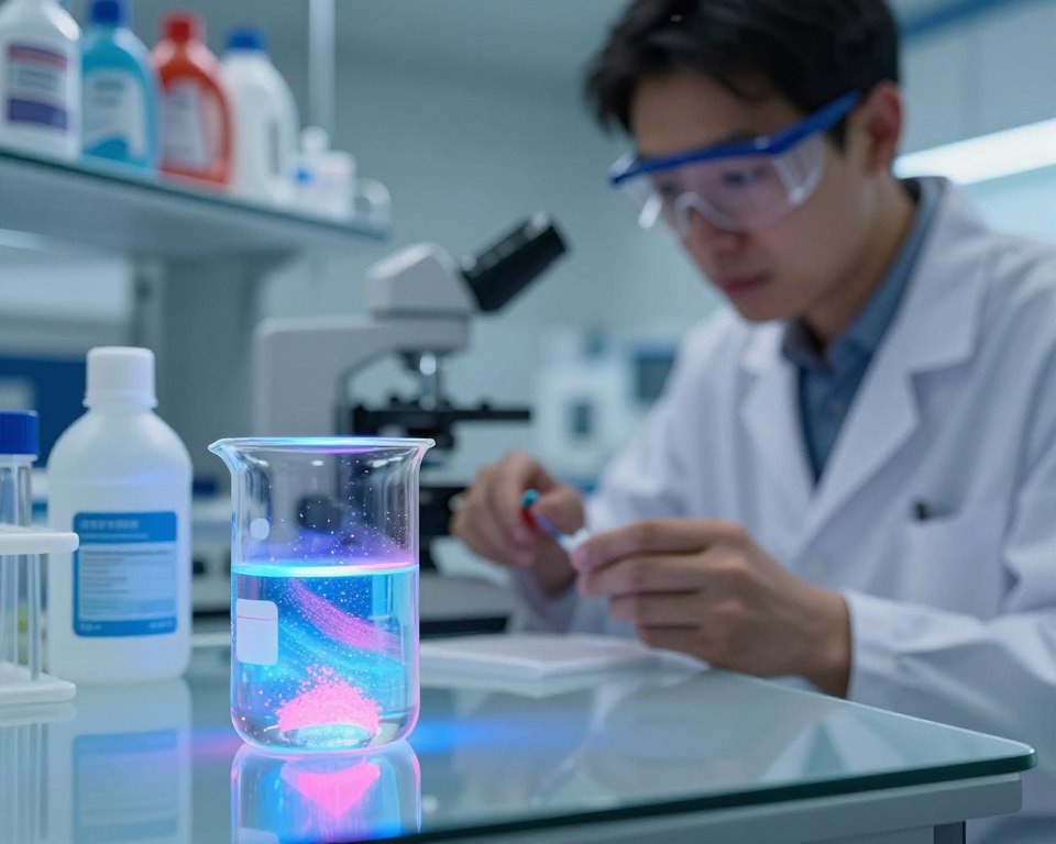 A close-up view of a laboratory setting showcasing optical brighteners in powdered and liquid forms, artistically placed on a glass table. In the foreground, an illuminated beaker filled with a brightly colored liquid, reflecting the fluorescent blue and pink hues characteristic of optical brighteners. In the middle ground, a scientist in a white lab coat, examining the beaker with a focused expression, wearing safety goggles. The background features shelves lined with various laundry detergents and scientific equipment, softly blurred to emphasize the foreground. The lighting is bright and clinical, casting soft reflections and shadows, creating a mood of curiosity and scientific inquiry about the purpose and effects of optical brighteners in laundry. A close-up view of a laboratory setting showcasing optical brighteners in powdered and liquid forms, artistically placed on a glass table. In the foreground, an illuminated beaker filled with a brightly colored liquid, reflecting the fluorescent blue and pink hues characteristic of optical brighteners. In the middle ground, a scientist in a white lab coat, examining the beaker with a focused expression, wearing safety goggles. The background features shelves lined with various laundry detergents and scientific equipment, softly blurred to emphasize the foreground. The lighting is bright and clinical, casting soft reflections and shadows, creating a mood of curiosity and scientific inquiry about the purpose and effects of optical brighteners in laundry.