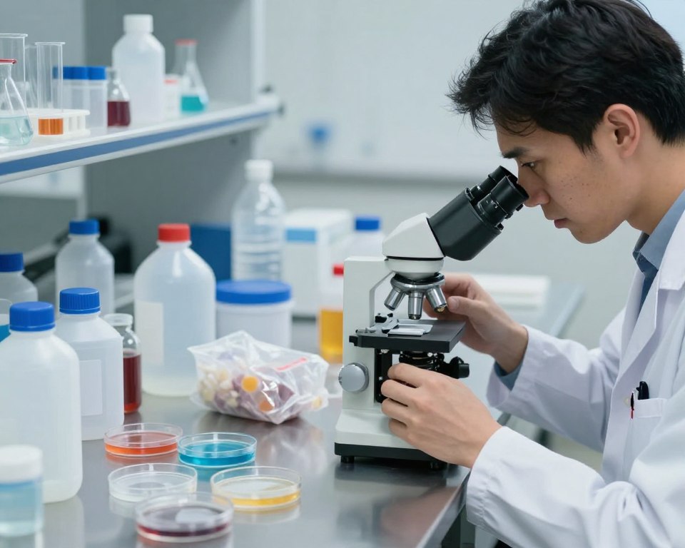 A close-up view of a laboratory setting showcasing plastic items like bottles, bags, and containers, scattered around a sleek stainless steel table. In the foreground, a scientist in a white lab coat examines a sample through a microscope, their focused expression reflecting concern over health implications. The middle layer features petri dishes with colorful liquid samples, symbolizing potential endocrine disruptors. In the background, shelves filled with scientific equipment and glassware highlight the seriousness of the research on health risks associated with plastic. Soft, diffused lighting creates a clinical atmosphere, emphasizing the urgency of the subject. The camera is positioned at eye level to create an immersive experience. The overall mood conveys a sense of caution and serious inquiry into the dangers posed by plastic materials to human health. A close-up view of a laboratory setting showcasing plastic items like bottles, bags, and containers, scattered around a sleek stainless steel table. In the foreground, a scientist in a white lab coat examines a sample through a microscope, their focused expression reflecting concern over health implications. The middle layer features petri dishes with colorful liquid samples, symbolizing potential endocrine disruptors. In the background, shelves filled with scientific equipment and glassware highlight the seriousness of the research on health risks associated with plastic. Soft, diffused lighting creates a clinical atmosphere, emphasizing the urgency of the subject. The camera is positioned at eye level to create an immersive experience. The overall mood conveys a sense of caution and serious inquiry into the dangers posed by plastic materials to human health.