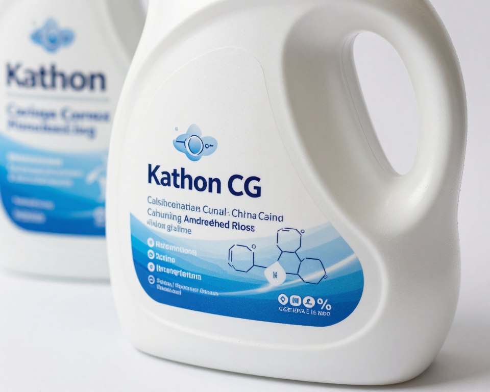 A close-up view of a laundry detergent bottle on a clean, white background, showcasing its ingredients label clearly. The label prominently displays "Kathon CG" among other ingredients, with a focus on its chemical composition. The foreground features a soft, diffused lighting that highlights the texture of the label, while a subtle reflection on the bottle adds depth. In the background, out-of-focus detergent packaging provides context, giving the impression of a grocery aisle. The overall mood is informative and professional, emphasizing clarity and readability of the label details. The angle is slightly tilted downward to capture both the label and the detergent bottle's features effectively, ensuring no text overlays or distractions are present.