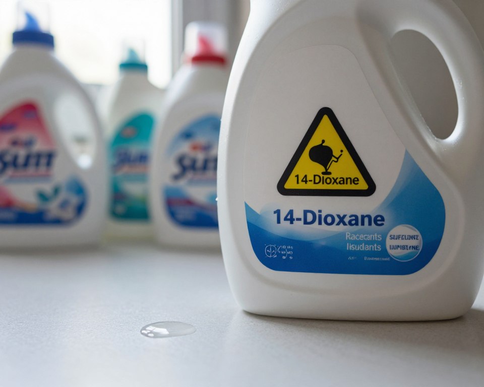 A close-up view of a laundry detergent bottle on a stark, clean countertop, showcasing its label prominently with a warning symbol symbolizing chemical contamination. In the foreground, a droplet of liquid 1,4-Dioxane shimmering under soft, diffused lighting, capturing its ethereal essence, while nearby ingredients such as surfactants and enzymes are blurred in motion. The middle ground includes a backdrop of various brands of laundry detergents, some with highlighted contamination levels indicated in an artistic, abstract manner. The overall atmosphere is serious yet informative, presenting a clinical feel. The lens is focused sharply on the bottle, using a shallow depth of field to draw attention, with natural light emanating through a nearby window, enhancing the concern around product safety.