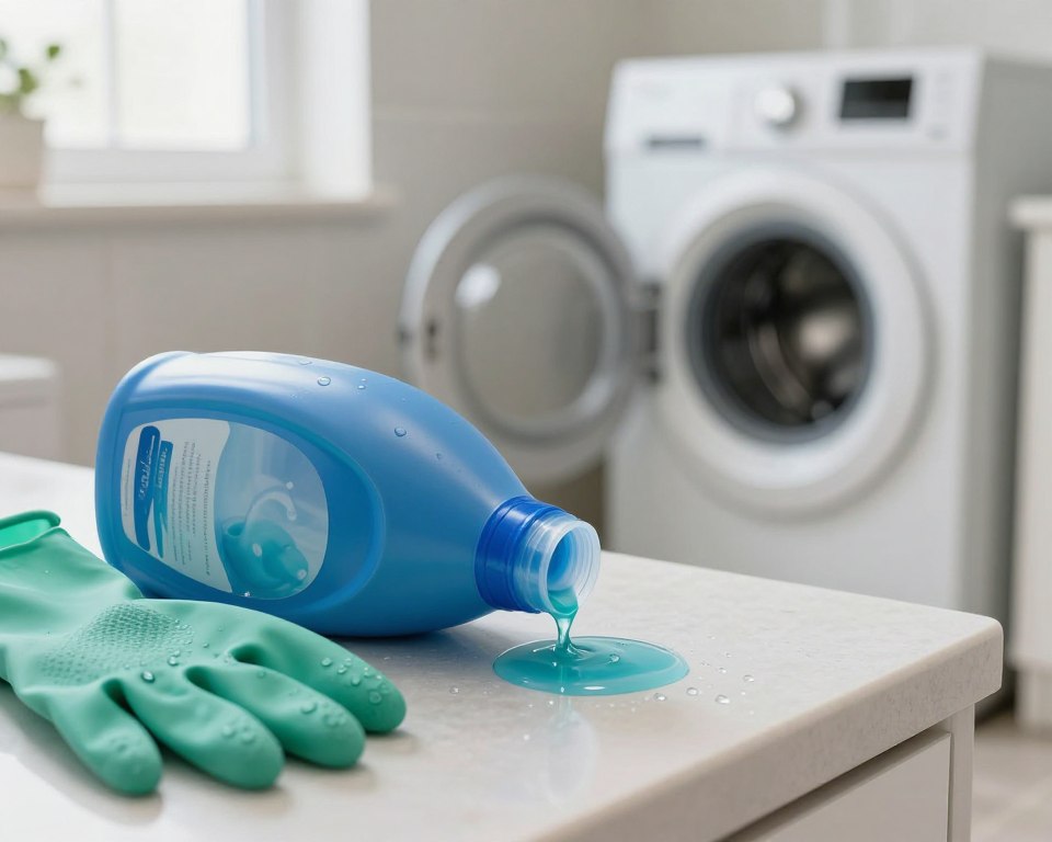 A close-up view of a laundry detergent bottle spilled over a bathroom counter, contrasting with a pair of rubber gloves and an expansive view of a washing machine in the background. The vibrant blue and green of the detergent creates a striking contrast against the neutral tones of the countertops and walls. The scene is well-lit with soft, natural light coming through a window, highlighting droplets of liquid and creating a slight sheen on the surface. The focus is on the detergent spill, emphasizing its potential hazard. The mood is cautionary, evoking a sense of awareness about the risks of overdosing with laundry detergent while maintaining a clean and professional aesthetic.