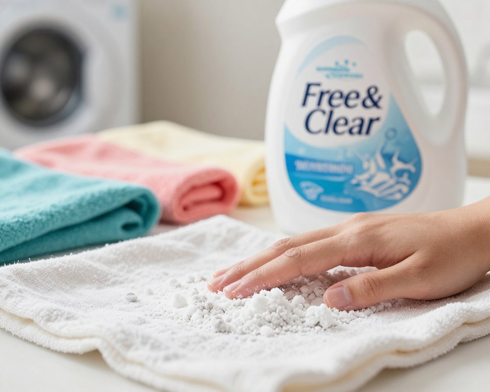 A close-up view of a laundry detergent bottle with a label clearly indicating "Free & Clear," surrounded by soft, powdery residue on a fabric swatch. In the foreground, delicate skin, possibly a hand, lightly touches the fabric, suggesting sensitivity. The middle ground showcases an array of colorful laundry items, contrasting with the white residue. In the background, a neutral-toned laundry room with soft, natural lighting creates a calm atmosphere. The focus should be sharp on the detergent and the residue, with a shallow depth of field blurring the background. This image should convey a professional and informative mood, highlighting concerns about skin sensitivity related to detergent residues. A close-up view of a laundry detergent bottle with a label clearly indicating "Free & Clear," surrounded by soft, powdery residue on a fabric swatch. In the foreground, delicate skin, possibly a hand, lightly touches the fabric, suggesting sensitivity. The middle ground showcases an array of colorful laundry items, contrasting with the white residue. In the background, a neutral-toned laundry room with soft, natural lighting creates a calm atmosphere. The focus should be sharp on the detergent and the residue, with a shallow depth of field blurring the background. This image should convey a professional and informative mood, highlighting concerns about skin sensitivity related to detergent residues.