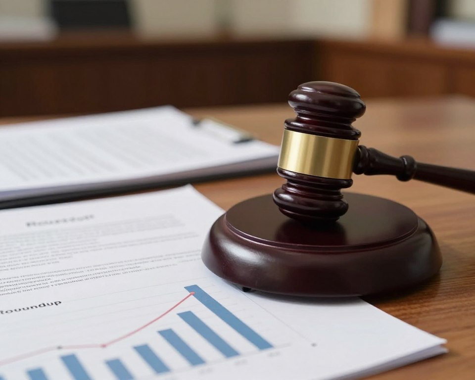 A close-up view of a legal gavel resting on a wooden desk, symbolizing ongoing litigation. In the background, blurred images of legal documents and a courtroom, hinting at serious discussions. The foreground features subtle charts and graphs representing Roundup litigation statistics, with arrows and bullet points suggesting growing concerns. Soft, diffused lighting casts gentle shadows, creating a contemplative mood in the scene. Use a shallow depth of field to emphasize the gavel while keeping the background elements slightly out of focus. The overall atmosphere conveys a sense of urgency and importance surrounding the topic of Roundup safety and legal proceedings.
