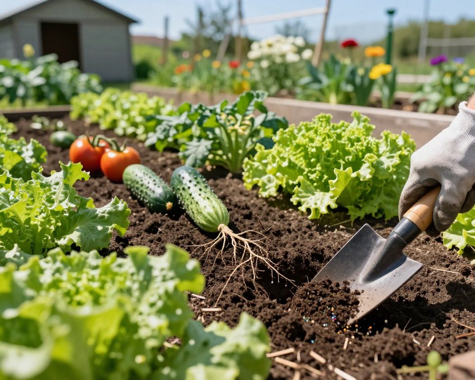 A close-up view of a lush vegetable garden in bright daylight, featuring vibrant green plants like tomatoes, cucumbers, and lettuce carefully arranged in neat rows. In the foreground, a hand wearing a gardening glove holds a small spade, digging into rich, dark soil. The middle ground includes visible roots intertwining with tiny particles of garden chemicals, depicted as colorful granules, hinting at potential contamination. The background shows a blurred garden shed and blooming flowers under a clear blue sky. Soft, natural sunlight casts delicate shadows, creating a serene yet thought-provoking atmosphere. The overall mood conveys the importance of understanding soil health in relation to vegetable growth.