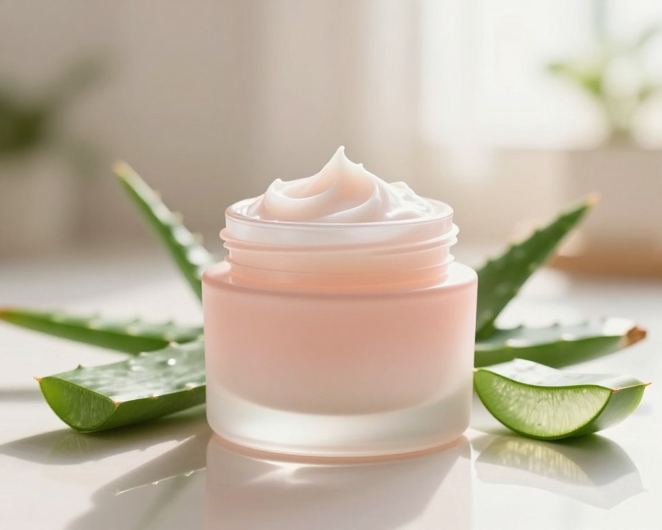 A close-up view of a luxurious jar of moisturizer specifically formulated for damaged skin, placed on a clean, reflective surface. The jar is elegantly designed, with soft curves and a soothing pastel color palette, evoking a sense of calm and healing. Surrounding the jar, fresh aloe vera leaves are artfully arranged, highlighting the natural ingredient. The background features a soft-focus effect of a serene, sunlit room with gentle rays illuminating the scene, creating a warm and inviting atmosphere. The lighting is soft and diffused, enhancing the textures of the cream. Capture this composition with a shallow depth of field to emphasize the moisturizer while allowing the natural elements to complement it harmoniously.