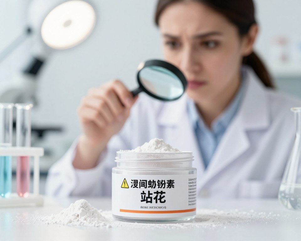 A close-up view of a makeup powder container labeled with a caution sign, emphasizing its talc content. The foreground features scattered talc powder and small test tubes symbolizing scientific analysis. In the middle ground, a professional woman in a lab coat carefully examines the powder with a magnifying glass, showcasing a serious expression. The background includes a soft-focus laboratory setting with bright, white light illuminating the scene, creating a sterile, clinical atmosphere. Make the lighting bright and engaging, capturing the essence of safety and investigation in cosmetics, while conveying a sense of concern about asbestos contamination. The angle should be slightly above eye level to enhance the focus on both the makeup product and the analysis taking place.