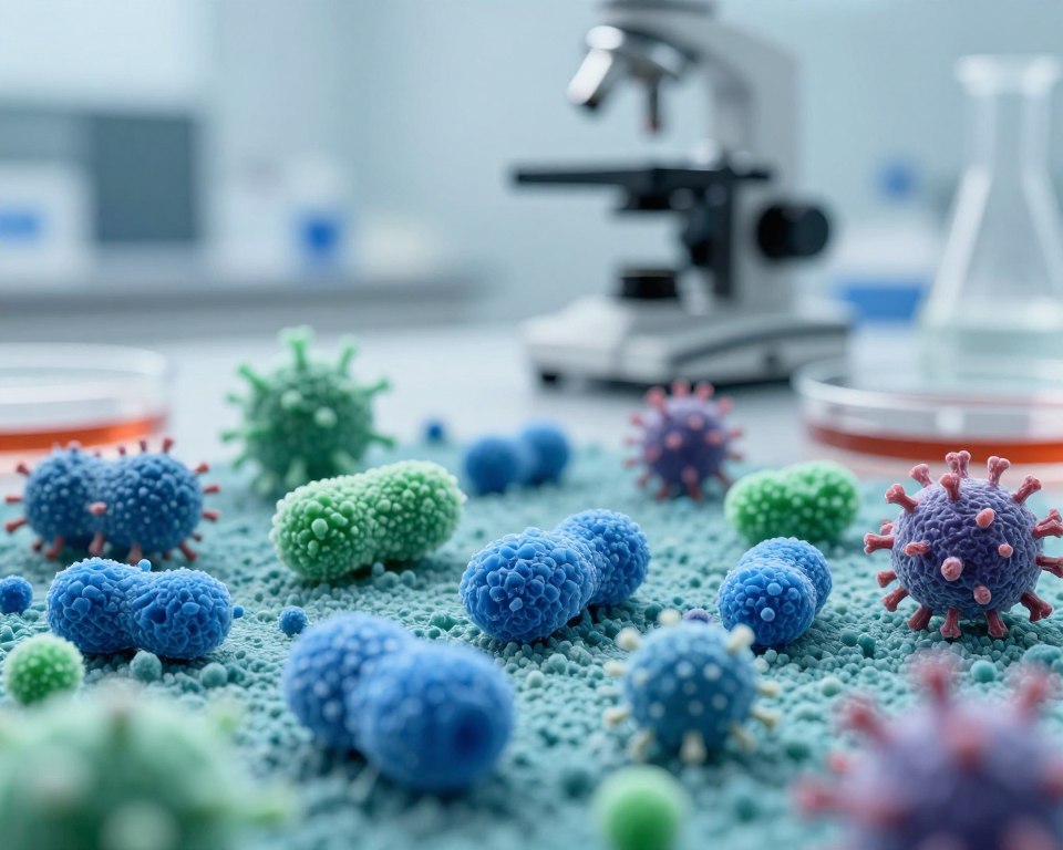 A close-up view of a microscopic landscape highlighting microplastics intertwined with various pathogens. In the foreground, vividly colored microplastic particles in shades of blue and green, exhibiting their textured surfaces and irregular shapes. The middle ground features various pathogen shapes, like bacteria and viruses, interacting with the microplastics, some attaching to their surfaces. The background is softly blurred, depicting a laboratory setting with a microscope and petri dishes, illuminated by soft, diffused lighting that creates a sterile and scientific atmosphere. A shallow depth of field emphasizes the microplastics and pathogens, enhancing the focus on their interaction, evoking a sense of concern and urgency about environmental health.