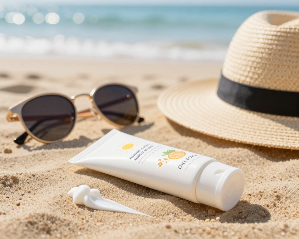 A close-up view of a mineral sunscreen tube resting on a sun-kissed beach surface, showcasing its creamy texture. The foreground features the sunscreen tube prominently, adorned with natural ingredients like zinc oxide and titanium dioxide illustrated next to it. In the middle ground, a pair of sunglasses and a sunhat are artfully placed, hinting at leisurely summer days. The background fades to a soft ocean blue with gentle waves reflecting the sunlight, creating a calming atmosphere. The lighting is bright and warm, akin to midday sun, illuminating the scene with a vibrant, inviting glow. The composition captures a sense of safety and protection, ideal for those with sensitive skin.