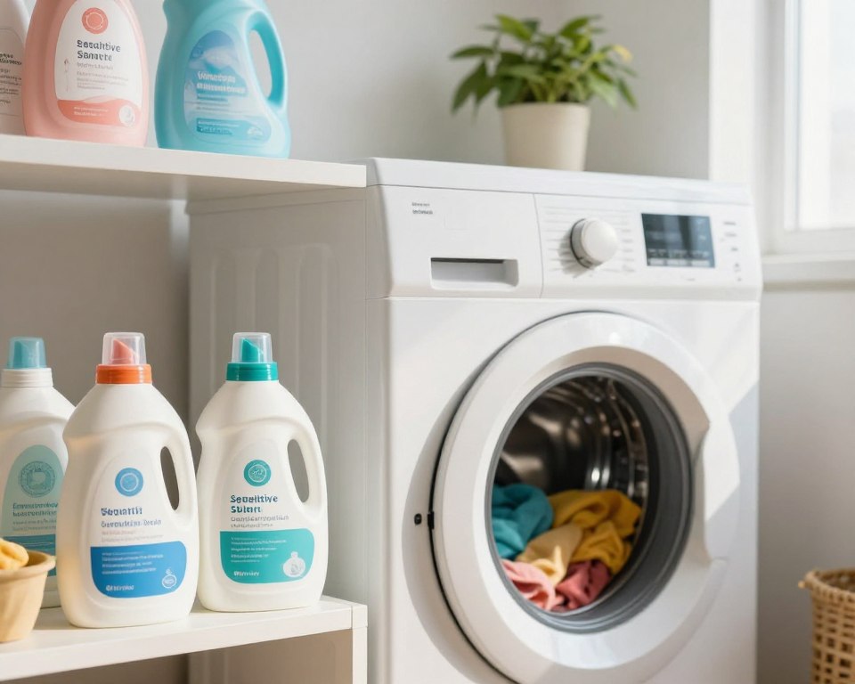 A close-up view of a modern laundry room, featuring various laundry detergents and fabric softeners on a neatly organized shelf. In the foreground, highlight a pair of sensitive skin-friendly detergent bottles with labels emphasizing hypoallergenic and fragrance-free. The middle section includes a washing machine with an open door, displaying a colorful load of clothes, while a gentle stream of sunlight filters in from a nearby window, casting soft shadows. The background depicts a cozy, clean space with neutral tones and greenery, creating a calm atmosphere. The mood is informative and welcoming, ideal for educating viewers about contact dermatitis laundry triggers. No people are present. A close-up view of a modern laundry room, featuring various laundry detergents and fabric softeners on a neatly organized shelf. In the foreground, highlight a pair of sensitive skin-friendly detergent bottles with labels emphasizing hypoallergenic and fragrance-free. The middle section includes a washing machine with an open door, displaying a colorful load of clothes, while a gentle stream of sunlight filters in from a nearby window, casting soft shadows. The background depicts a cozy, clean space with neutral tones and greenery, creating a calm atmosphere. The mood is informative and welcoming, ideal for educating viewers about contact dermatitis laundry triggers. No people are present.