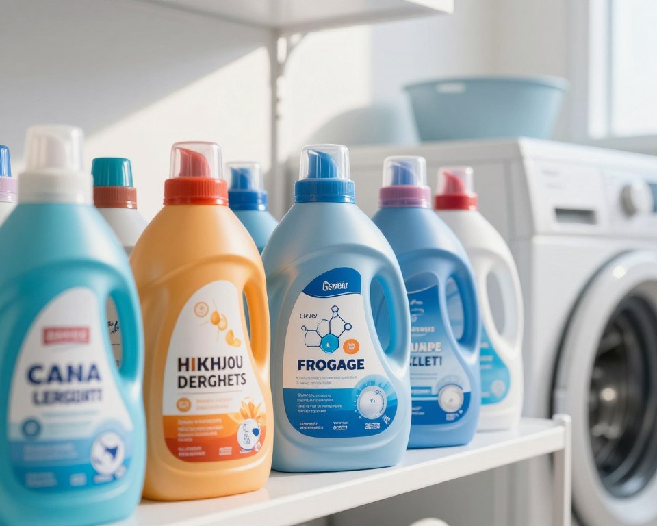 A close-up view of a modern laundry room showcasing various liquid detergents arranged neatly on a shelf. The foreground features colorful, branded liquid detergent bottles with safety labels prominently displayed. In the middle, a clear, informative diagram illustrates the chemical composition of conventional liquid detergents, including visual representations of common ingredients like surfactants and fragrances. The background depicts an organized laundry space with soft, natural lighting streaming in through a window, casting gentle shadows. The atmosphere feels clean and safe, with a color palette of blues and whites, emphasizing the importance of ingredient safety in household products. A close-up view of a modern laundry room showcasing various liquid detergents arranged neatly on a shelf. The foreground features colorful, branded liquid detergent bottles with safety labels prominently displayed. In the middle, a clear, informative diagram illustrates the chemical composition of conventional liquid detergents, including visual representations of common ingredients like surfactants and fragrances. The background depicts an organized laundry space with soft, natural lighting streaming in through a window, casting gentle shadows. The atmosphere feels clean and safe, with a color palette of blues and whites, emphasizing the importance of ingredient safety in household products.