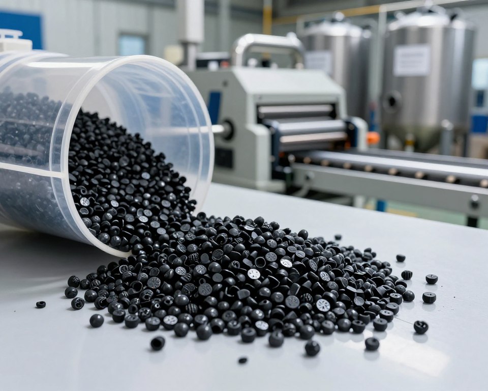 A close-up view of a modern plastic manufacturing facility, focusing on vibrant black plastic pellets containing carbon black pigment. In the foreground, showcase a handful of these pellets spilling out of a clear container, reflecting light. The middle ground features a high-tech extrusion machine with pipes and conveyor belts, illustrating the production process, while a backdrop of large storage tanks with labels emphasizes the scale of industrial production. Soft, diffused lighting creates a clean and professional atmosphere, casting gentle shadows. The scene captures the intricate details of the manufacturing equipment and the texture of the plastic pellets, highlighting the significance of carbon black in enhancing the color and properties of plastic products.