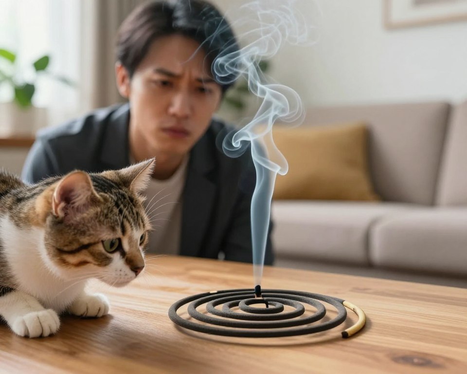 A close-up view of a mosquito coil burning on a wooden table, with wisps of smoke gently rising into the air. In the foreground, a small pet cat curiously sniffs the coil, while in the middle ground, a concerned adult wearing professional attire closely observes the coil. They have a slightly furrowed brow, illustrating their concern for both health and safety. In the background, a well-lit living room scene is visible, with plants and a cozy sofa, creating a warm atmosphere. The lighting is soft and natural, highlighting the smoke and adding a sense of tranquility, but with an underlying tension that suggests caution regarding the mosquito coil's potential toxicity to humans and pets.