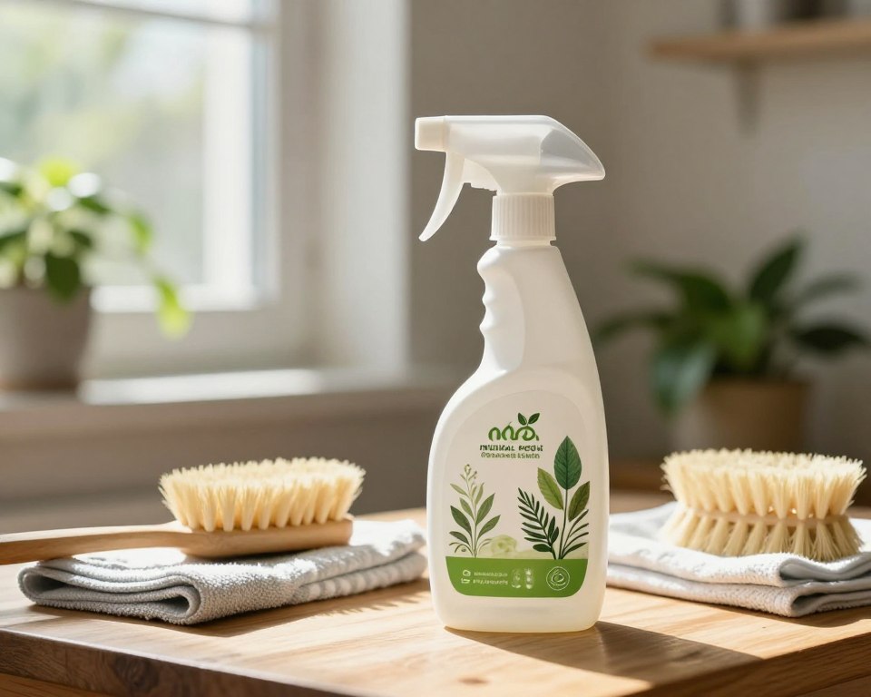 A close-up view of a natural mold killer spray bottle placed on a wooden surface cluttered with cleaning tools like brushes and cloths. The bottle is sleek, with a label featuring botanical illustrations and eco-friendly symbols. In the background, soft sunlight streams through a window, illuminating a room with houseplants and a subtle hint of mold on the walls, emphasizing the need for cleaning. The atmosphere is clean yet natural, evoking a sense of safety and eco-conscious living. The image uses soft focus on the background to highlight the spray in the foreground, capturing a fresh and inviting feeling. The lighting is warm and inviting, creating a serene ambiance ideal for indoor spaces.