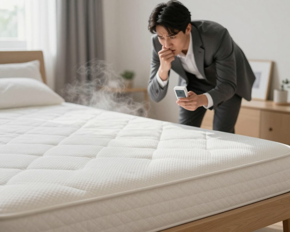 A close-up view of a new mattress on a clean, well-lit bedroom floor, showing a slight haze rising from its surface to emphasize the smell. The foreground features a fresh, white mattress with a soft texture, and a faint vapor effect to suggest odor. In the middle ground, a concerned person in professional attire leans slightly towards the mattress, analyzing it with a thoughtful expression, holding a small air quality meter in their hand. The background depicts a cozy, minimalist bedroom with soft, natural lighting and neutral colors to create a serene atmosphere. The overall mood is one of cautious investigation, highlighting the concern around the potential toxicity of new mattress smells while inviting a sense of calm inquiry. A close-up view of a new mattress on a clean, well-lit bedroom floor, showing a slight haze rising from its surface to emphasize the smell. The foreground features a fresh, white mattress with a soft texture, and a faint vapor effect to suggest odor. In the middle ground, a concerned person in professional attire leans slightly towards the mattress, analyzing it with a thoughtful expression, holding a small air quality meter in their hand. The background depicts a cozy, minimalist bedroom with soft, natural lighting and neutral colors to create a serene atmosphere. The overall mood is one of cautious investigation, highlighting the concern around the potential toxicity of new mattress smells while inviting a sense of calm inquiry.