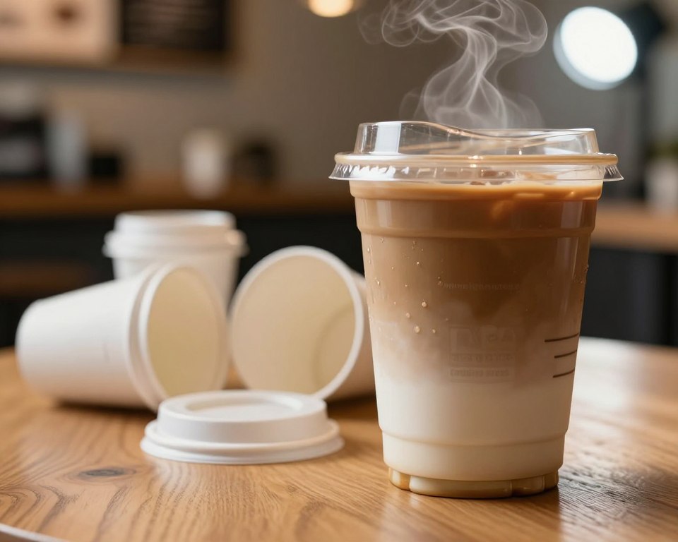A close-up view of a plastic coffee cup on a wooden table, partially filled with steaming coffee. In the foreground, the cup shows a faint warning label about BPA and phthalates, slightly blurred to emphasize the risks. In the middle ground, several discarded plastic cups and lids are scattered, hinting at environmental concerns associated with their use. The background features a blurred coffee shop setting, softly lit with warm tones that evoke a cozy atmosphere, yet adjacent to an unnatural bright spotlight highlighting the coffee cup. The angle is eye-level, delivering a sense of scrutinization while creating a serious and thought-provoking mood about health risks. Focus on creating a clean and polished image that avoids distractions, emphasizing the importance of the topic.