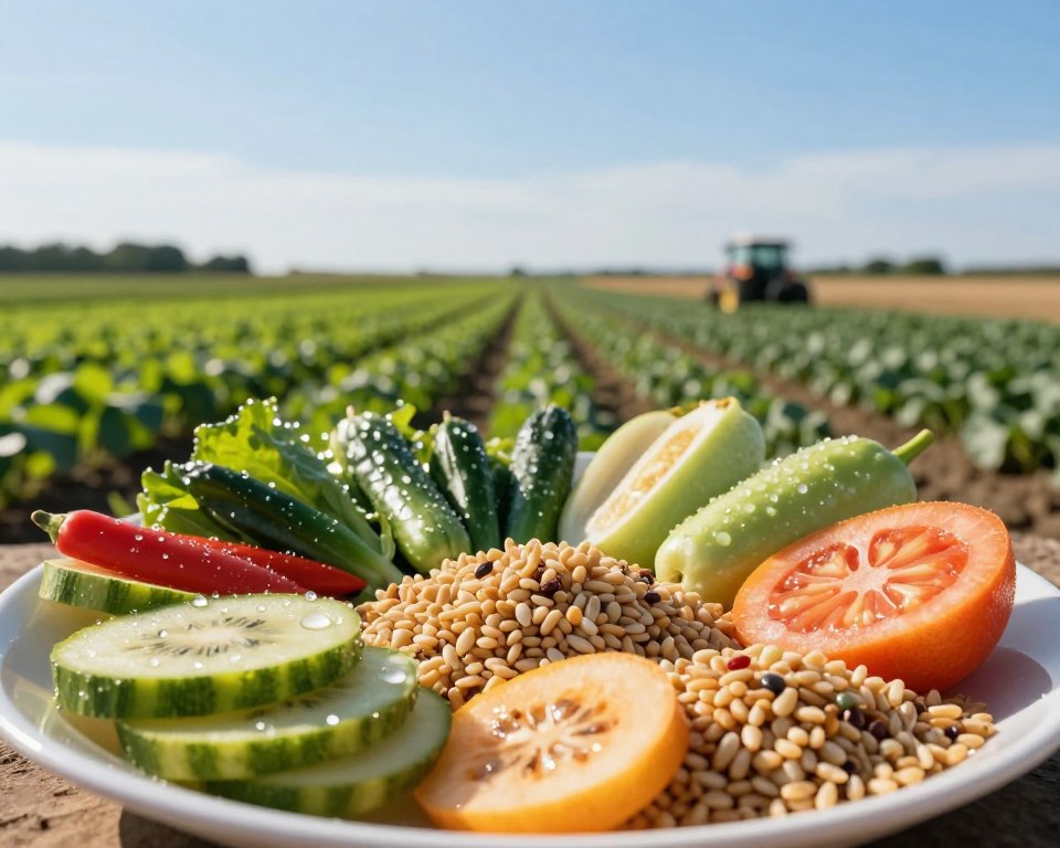 A close-up view of a plate featuring various foods, such as fruits, vegetables, and grains, with subtle visual cues indicating the presence of glyphosate residues. The plate is centered in the foreground, showcasing vibrant, fresh produce with tiny, sparkling droplets of water to suggest cleanliness. In the middle ground, a farm landscape is visible, illustrating row crops and a clear blue sky, suggesting a sense of agricultural abundance. The background includes distant fields with a tractor working, symbolizing modern farming practices. Natural sunlight bathes the scene in warm, inviting tones, creating a balanced atmosphere that evokes thoughtfulness about food safety and agricultural practices. The perspective is slightly elevated, providing depth and clarity to the entire composition. A close-up view of a plate featuring various foods, such as fruits, vegetables, and grains, with subtle visual cues indicating the presence of glyphosate residues. The plate is centered in the foreground, showcasing vibrant, fresh produce with tiny, sparkling droplets of water to suggest cleanliness. In the middle ground, a farm landscape is visible, illustrating row crops and a clear blue sky, suggesting a sense of agricultural abundance. The background includes distant fields with a tractor working, symbolizing modern farming practices. Natural sunlight bathes the scene in warm, inviting tones, creating a balanced atmosphere that evokes thoughtfulness about food safety and agricultural practices. The perspective is slightly elevated, providing depth and clarity to the entire composition.