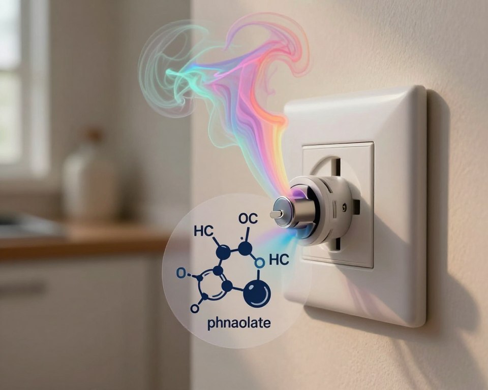 A close-up view of a plug-in air freshener attached to an electrical outlet, surrounded by a subtle haze of colorful, swirling aromas depicted as vibrant, translucent wisps. In the foreground, a detailed diagram showing the chemical composition with molecular structures like benzene and phthalates, illustrated in a sleek, modern style, is partially overlapping the air freshener. The middle ground features a softly blurred kitchen setting, with a faint outline of household items to give context. The background is softly lit with warm, natural light filtering through a nearby window, creating a cozy yet slightly ominous atmosphere. The mood should evoke curiosity and caution, emphasizing the potential risks associated with chemical exposure from plug-in air fresheners. A close-up view of a plug-in air freshener attached to an electrical outlet, surrounded by a subtle haze of colorful, swirling aromas depicted as vibrant, translucent wisps. In the foreground, a detailed diagram showing the chemical composition with molecular structures like benzene and phthalates, illustrated in a sleek, modern style, is partially overlapping the air freshener. The middle ground features a softly blurred kitchen setting, with a faint outline of household items to give context. The background is softly lit with warm, natural light filtering through a nearby window, creating a cozy yet slightly ominous atmosphere. The mood should evoke curiosity and caution, emphasizing the potential risks associated with chemical exposure from plug-in air fresheners.