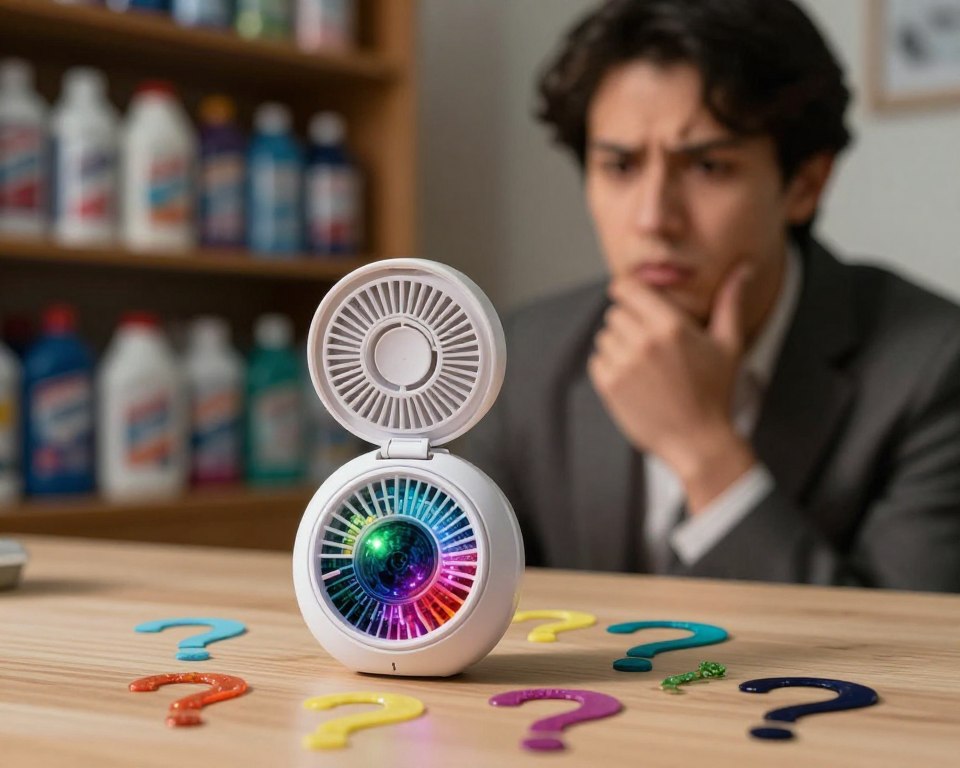 A close-up view of a plug-in air freshener device, featuring an open casing to reveal colorful, mysterious chemicals inside, symbolizing the unknown risks. In the foreground, there are scattered question marks made from various air freshener scents, indicating concerns about transparency. The middle ground shows a concerned individual in business casual attire, examining the device with a thoughtful expression, representing scrutiny over regulatory gaps. The background displays shelves of air fresheners in a dimly lit room, highlighting the prevalence of such products. Soft, diffused lighting casts a warm glow, creating a contemplative mood. Focus on details like the intricate design of the air freshener and facial expressions, captured with a shallow depth of field. A close-up view of a plug-in air freshener device, featuring an open casing to reveal colorful, mysterious chemicals inside, symbolizing the unknown risks. In the foreground, there are scattered question marks made from various air freshener scents, indicating concerns about transparency. The middle ground shows a concerned individual in business casual attire, examining the device with a thoughtful expression, representing scrutiny over regulatory gaps. The background displays shelves of air fresheners in a dimly lit room, highlighting the prevalence of such products. Soft, diffused lighting casts a warm glow, creating a contemplative mood. Focus on details like the intricate design of the air freshener and facial expressions, captured with a shallow depth of field.